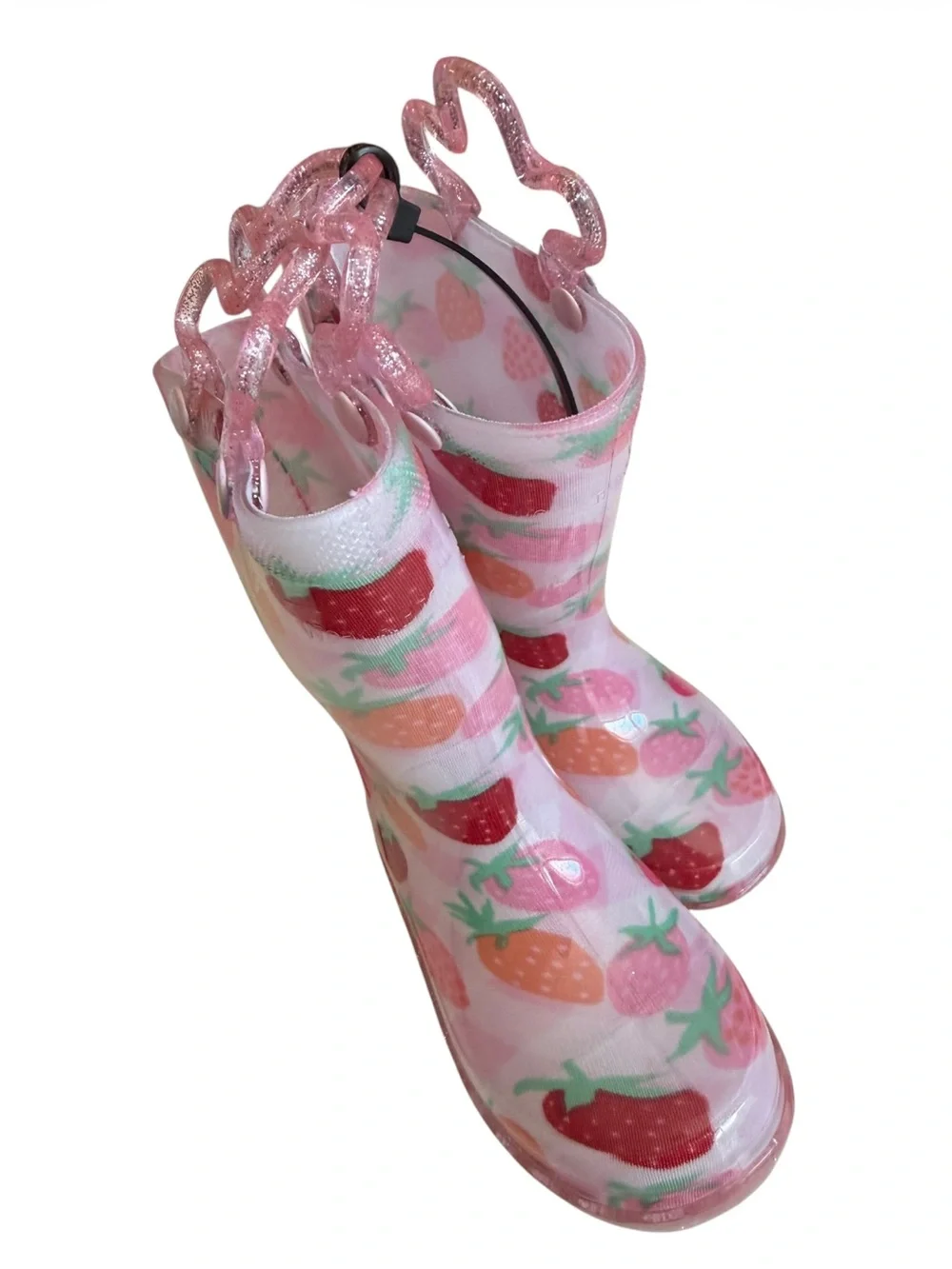Western Chief Light Up Pink Strawberry Rain Boots Glitter Handles NEW Size 5